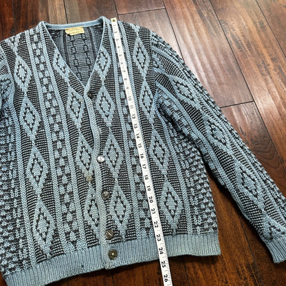 VTG RARE Caramy Cardigan Mens M Blue 1970s Corduroy Wool Button Up Aztec