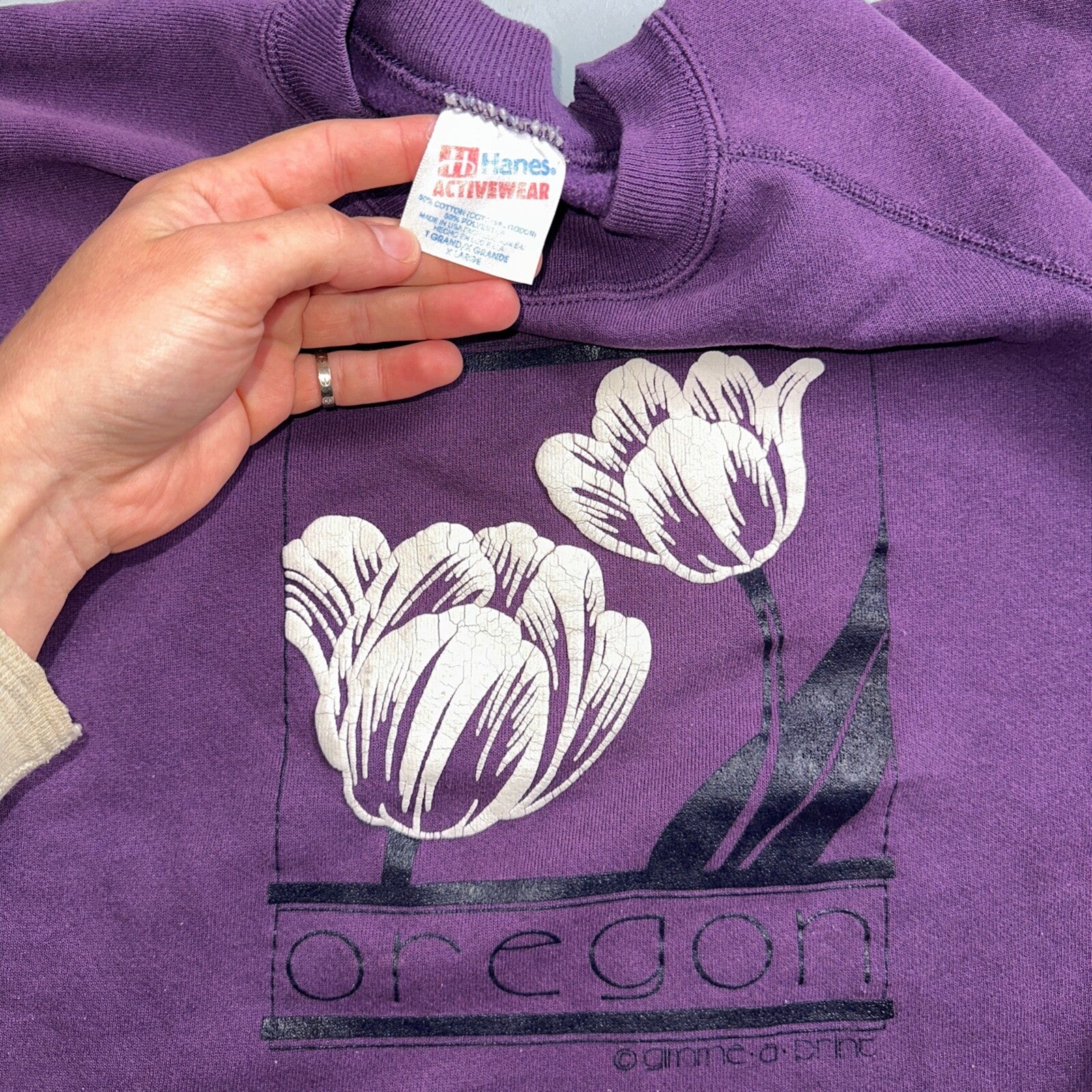 Oregon Flowers Art Painting VTG 90s Crewneck Sweatshirt 1990s Purple XL Hanes