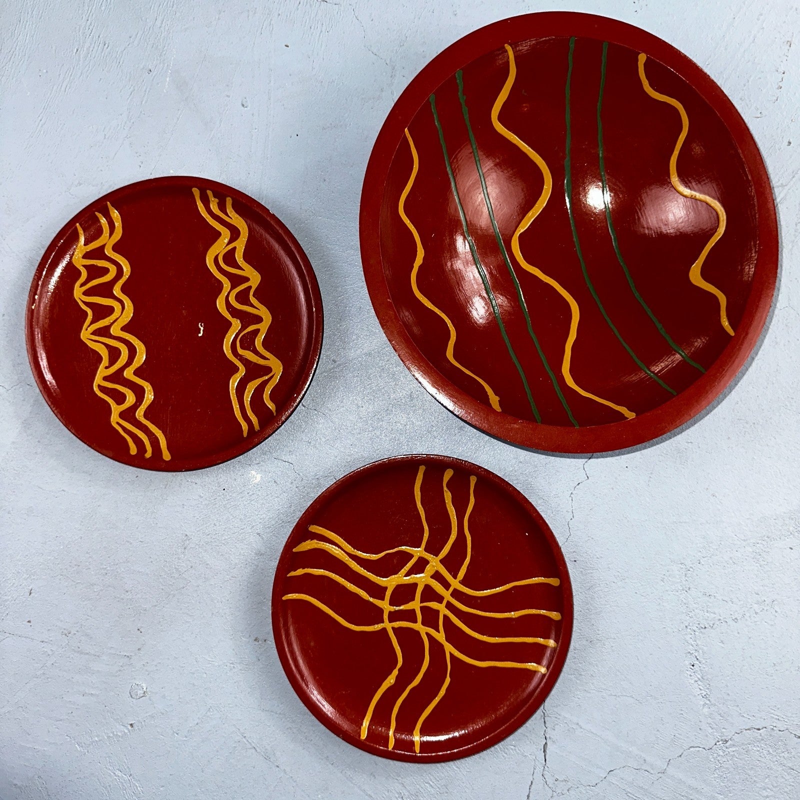 1993 Signed Studio Pottery Plate Bowl Set Cathy Maureen Aldrich Red Wood Art 90s