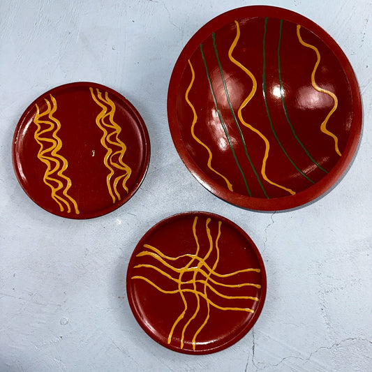 1993 Signed Studio Pottery Plate Bowl Set Cathy Maureen Aldrich Red Wood Art 90s