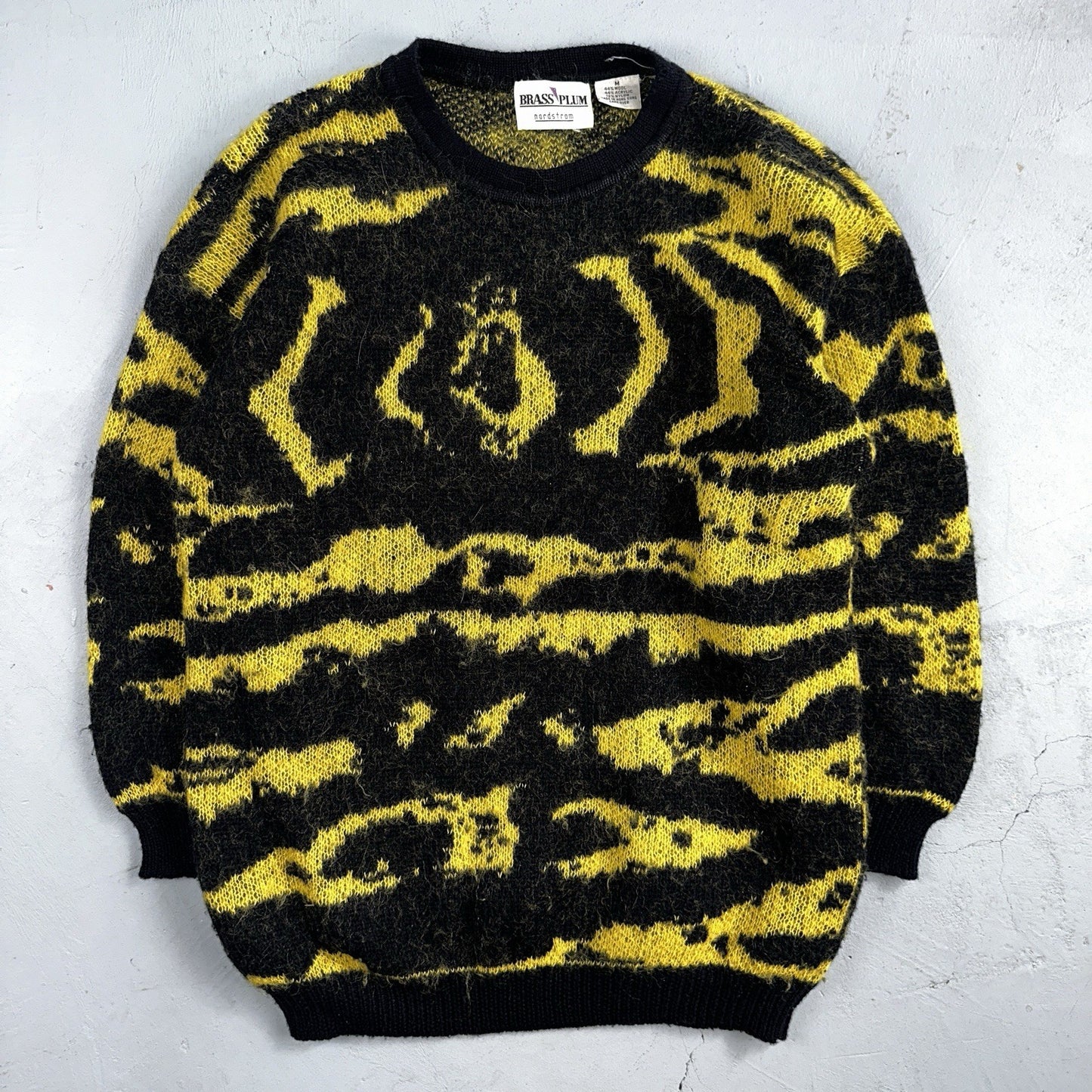 Vintage Nordstrom Brass Plum Nordic Yellow Black Wool Sweater M 80s Retro