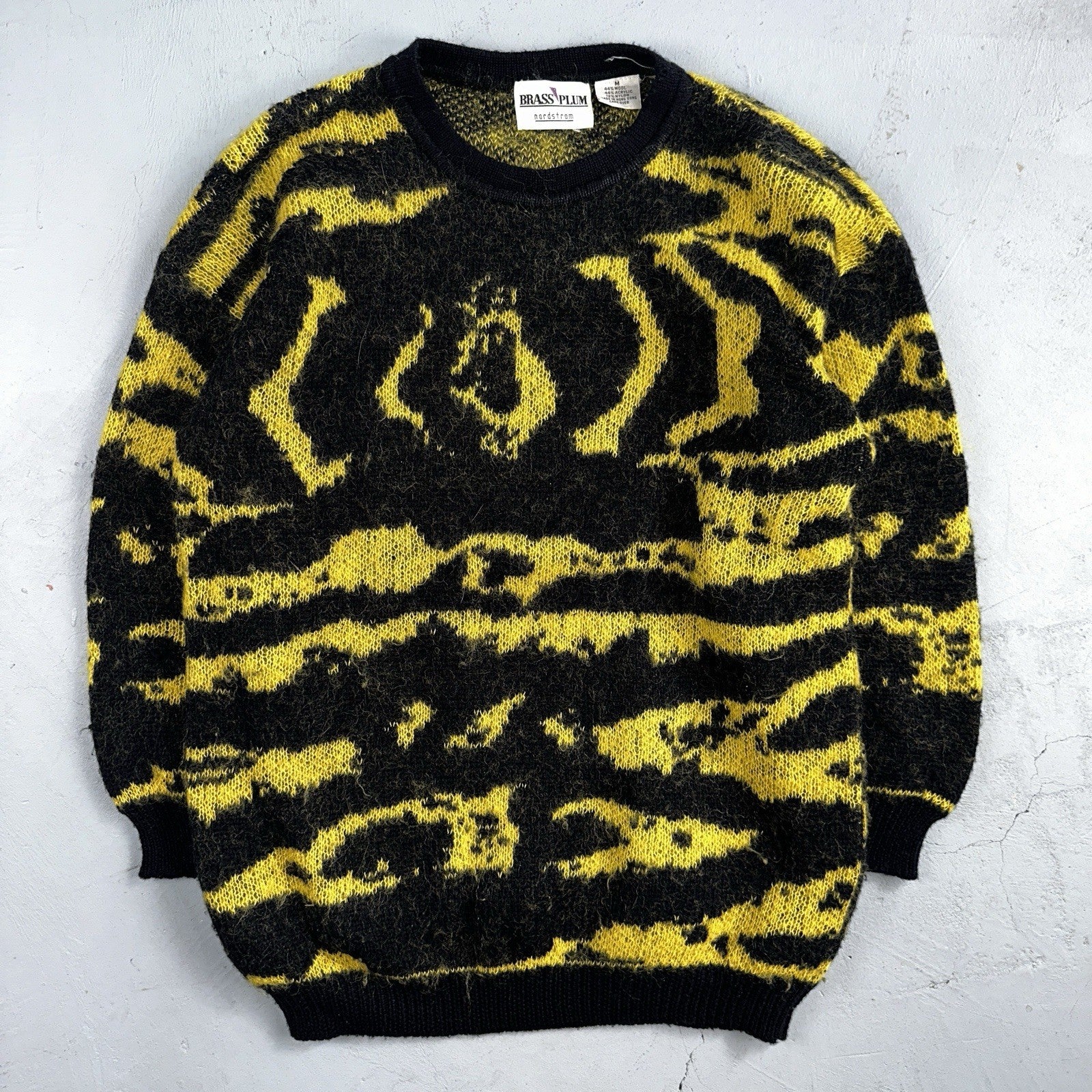 Vintage Nordstrom Brass Plum Nordic Yellow Black Wool Sweater M 80s Retro