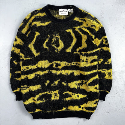 Vintage Nordstrom Brass Plum Nordic Yellow Black Wool Sweater M 80s Retro