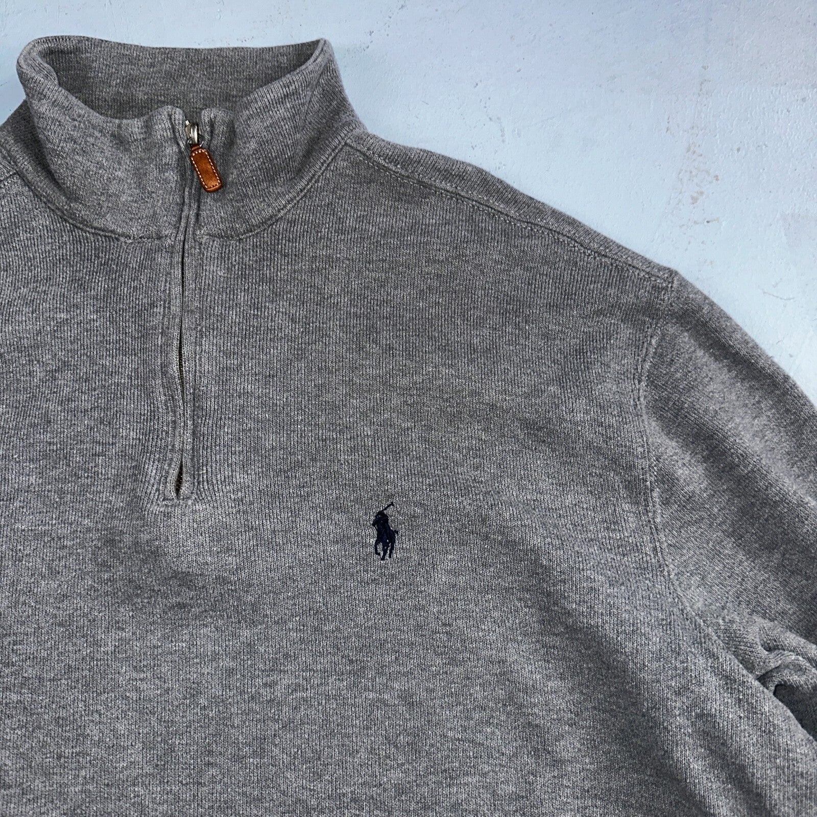 Polo Ralph Lauren Sweater Mens Large Gray Heather 1/4 Zip Mock Neck Pony VTG