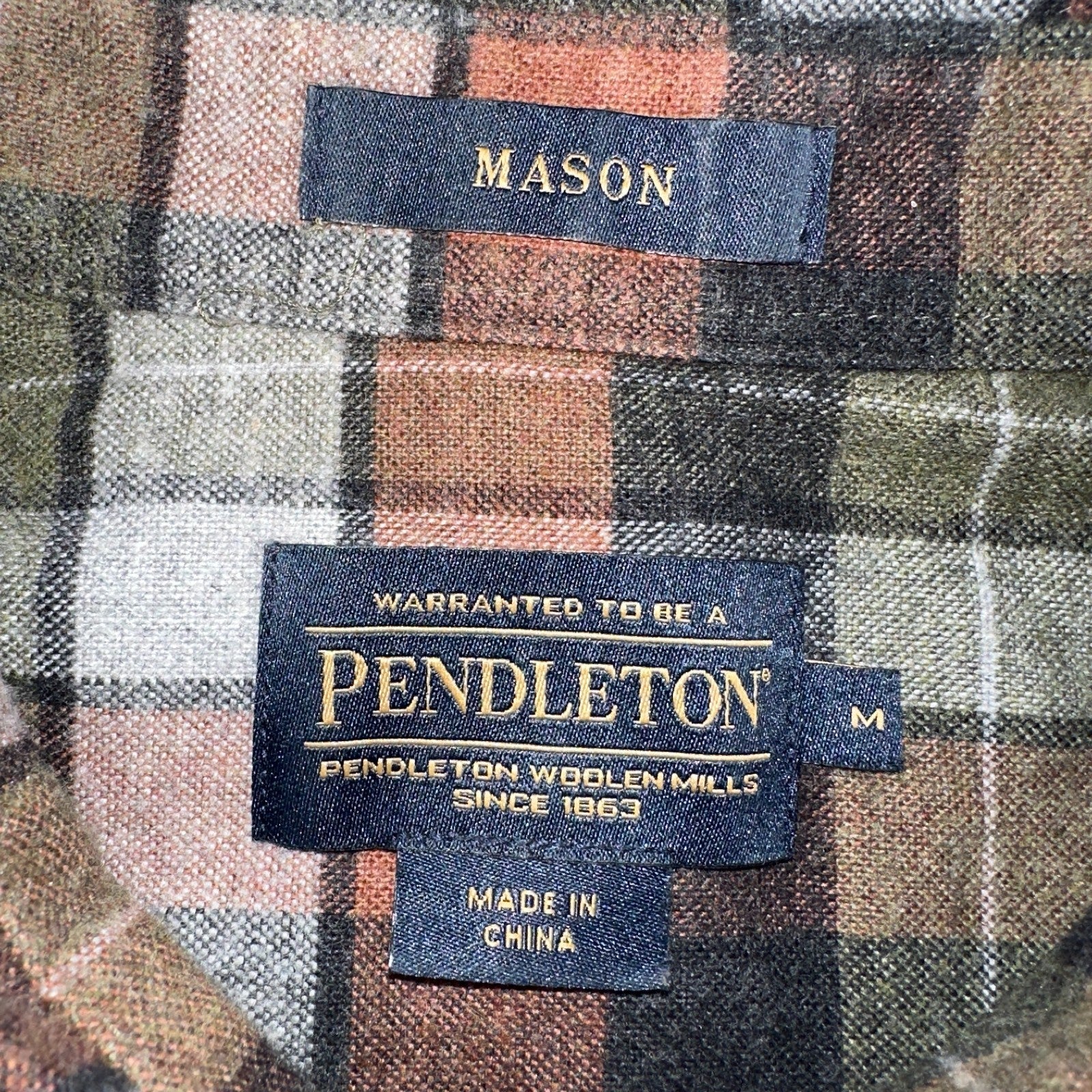 Pendleton Mason Flannel Shirt Mens Size Medium Brown Green Plaid Long Sleeve