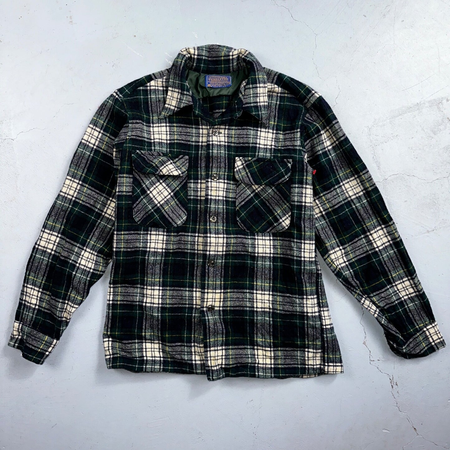Pendleton VTG Men's Board Shirt Medium Loop Collar USA Wool Woolen Plaid Green