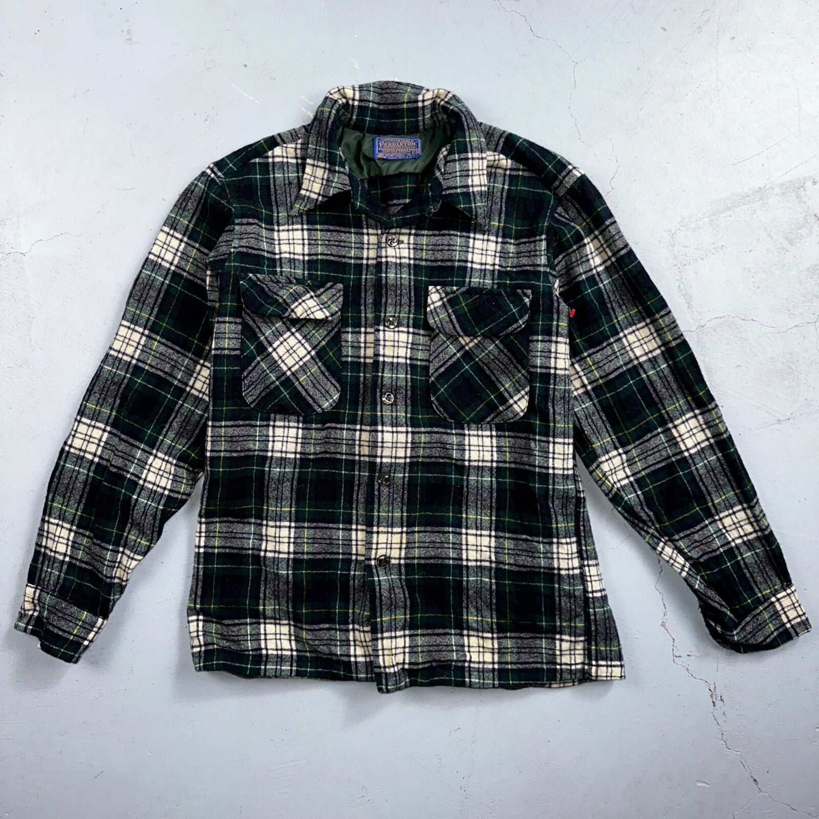 Pendleton VTG Men's Board Shirt Medium Loop Collar USA Wool Woolen Plaid Green