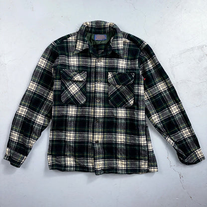 Pendleton VTG Men's Board Shirt Medium Loop Collar USA Wool Woolen Plaid Green