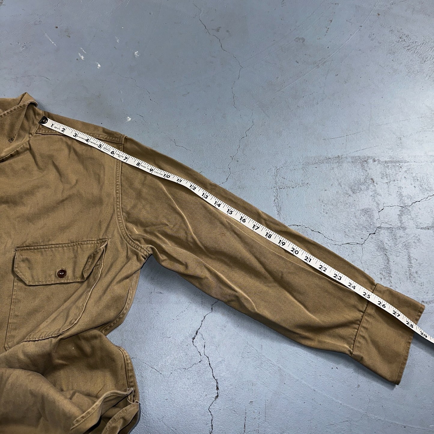 Vintage 40s WWII Gusset Khaki Work Army Military Button Shirt Stencil USN