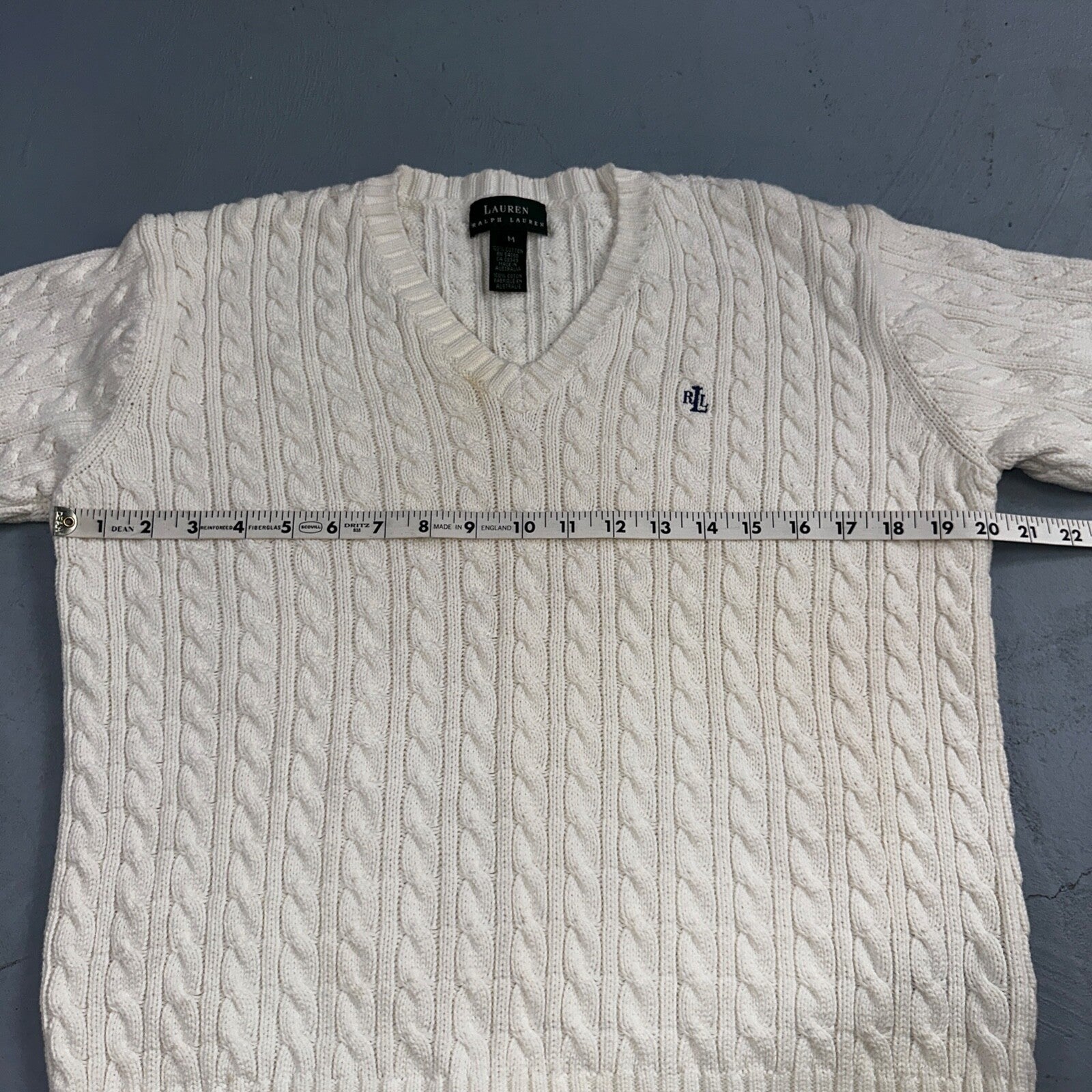 Lauren Ralph Lauren White Cable Knit V Neck Pullover Sweater Womens M Cotton
