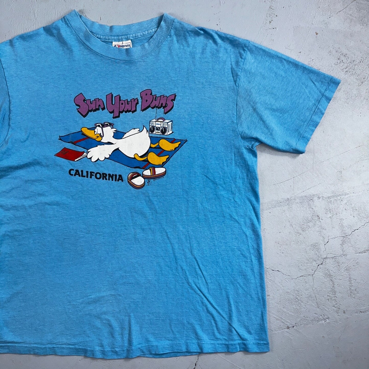 Hanes Beefy Sun Your Buns California VTG T Shirt 80s Duck Cute Beach Art Radio