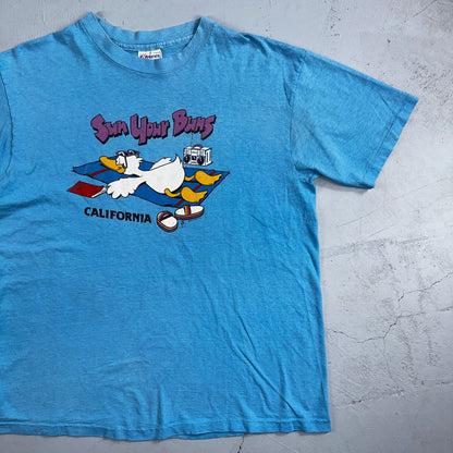 Hanes Beefy Sun Your Buns California VTG T Shirt 80s Duck Cute Beach Art Radio