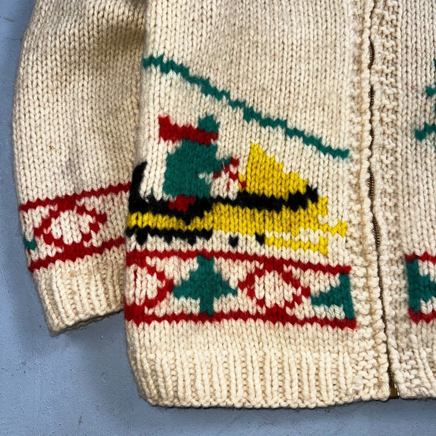 VTG 1950’s Cowichan Wool Full Zip Up Hand Knit Sweater Winter Sled Novelty Talon