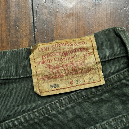 VTG 90s Levis 501 Button Fly 33x34 USA Tag Jeans Straight Green XX Act 30x33