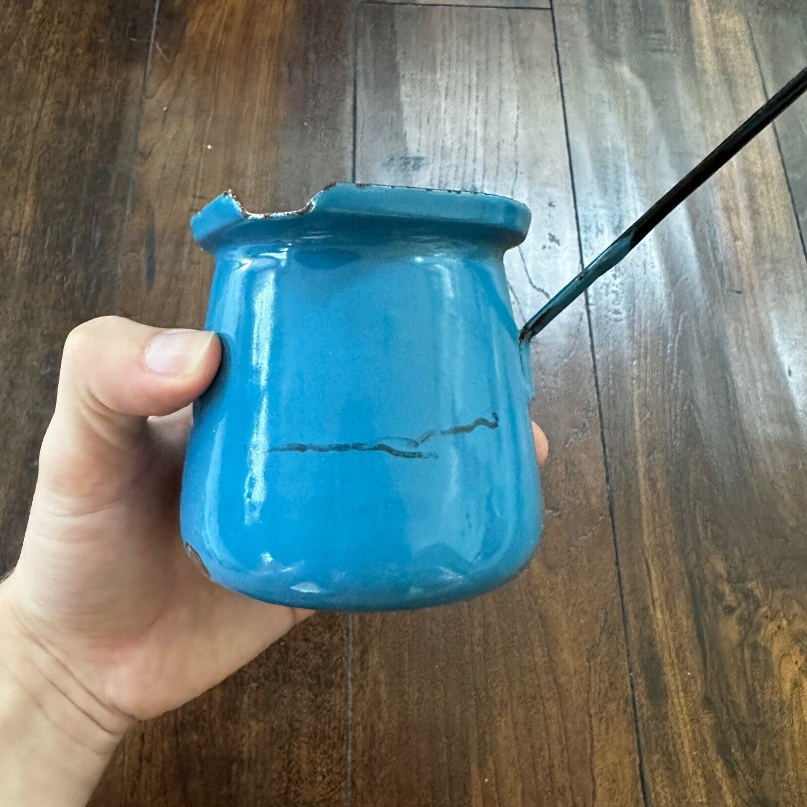 VTG Antique Blue Milk Warmer Primitive Cooking Pot Barista Tool Poland