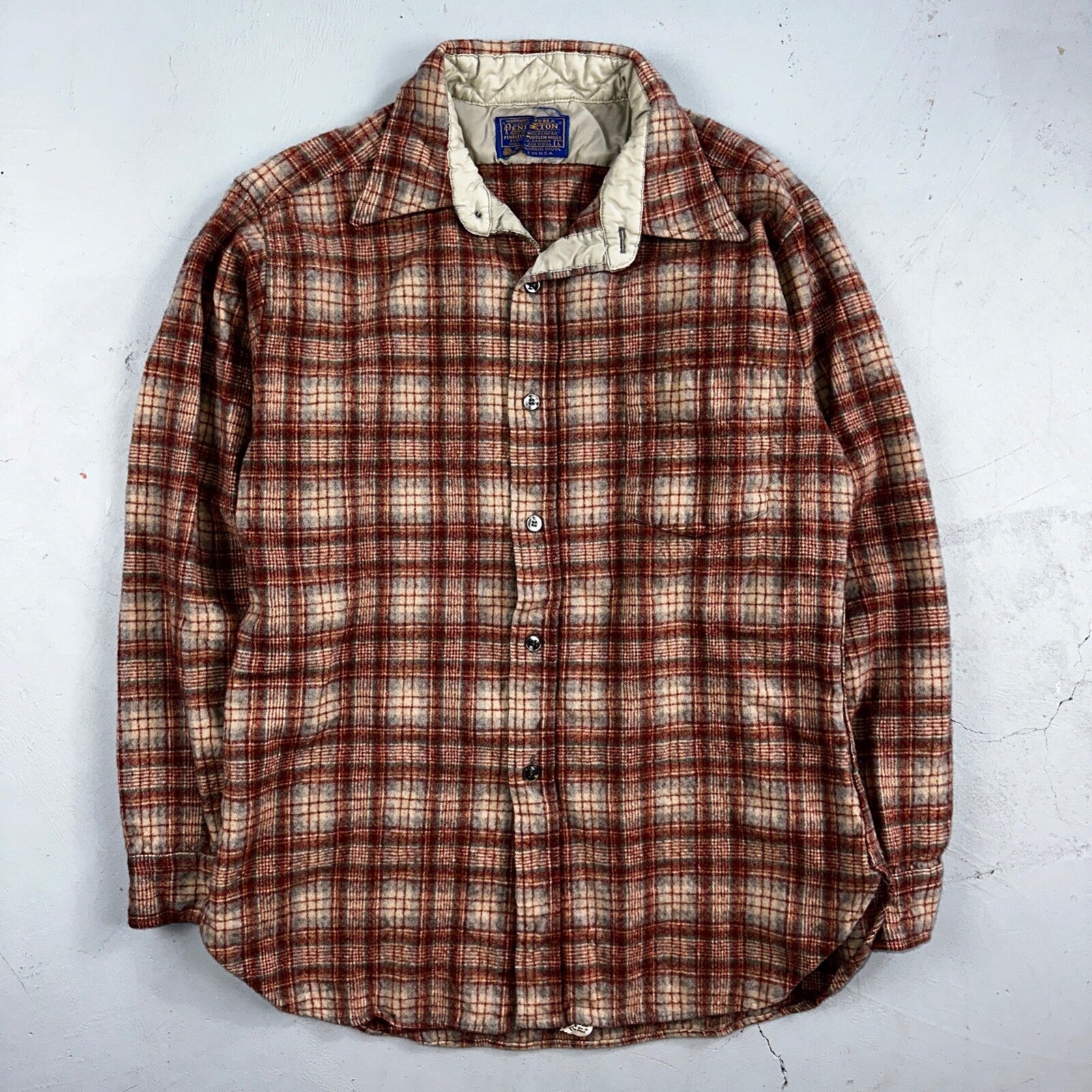 Pendleton Vintage 70s Woolen Mills Virgin Wool Lodge Shirt Red Plaid Mens L