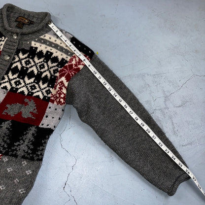Vintage Eddie Bauer Cardigan Sweater Sz M Gray Snowflake Nordic Patchwork Wool