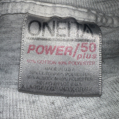 Oneita Pride In Print Designer VTG T Shirt Thrashed Hole Gray Pocket Chest Print
