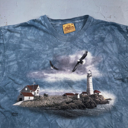 The Mountain Tye Dye Y2K VTG T Shirt Eagle Blue Watch Tower Ocean Beach House