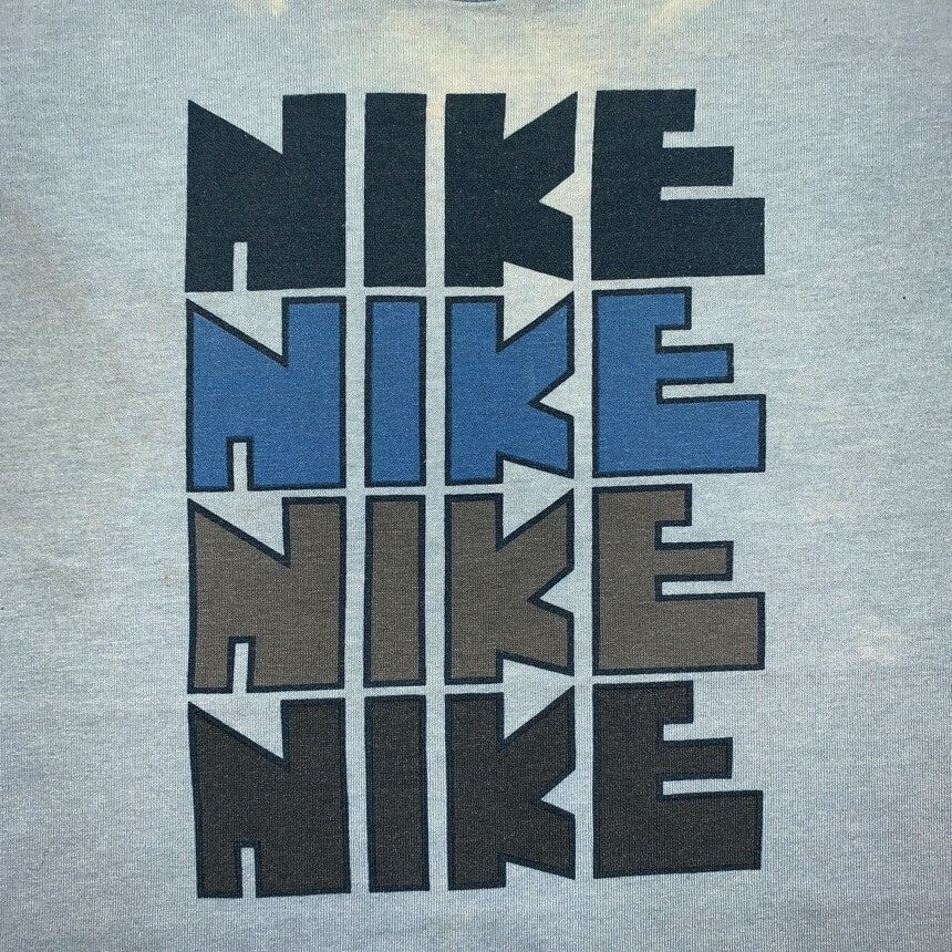 Vintage Nike T Shirt USA Rare Thrashed Blue Travis Block Print Quad Pinwheel 70s