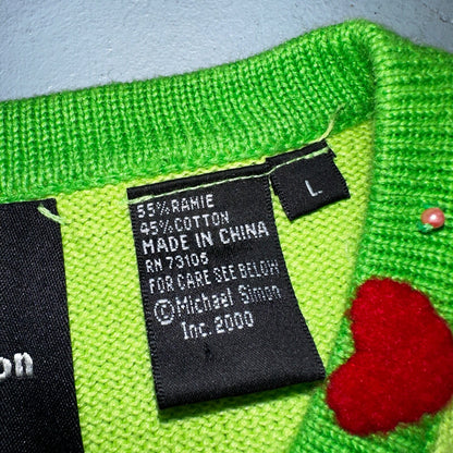 Michael Simon VTG 2000 Dragonfly Hearts Cardigan Sweater Green Valentines Day