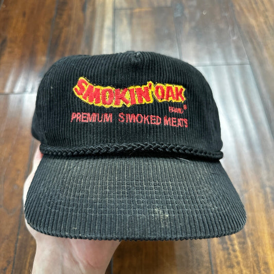 Smokin Oak VTG Hat Cap Snapback Smoke Cigarettes Meat Food Funny Corduroy Black