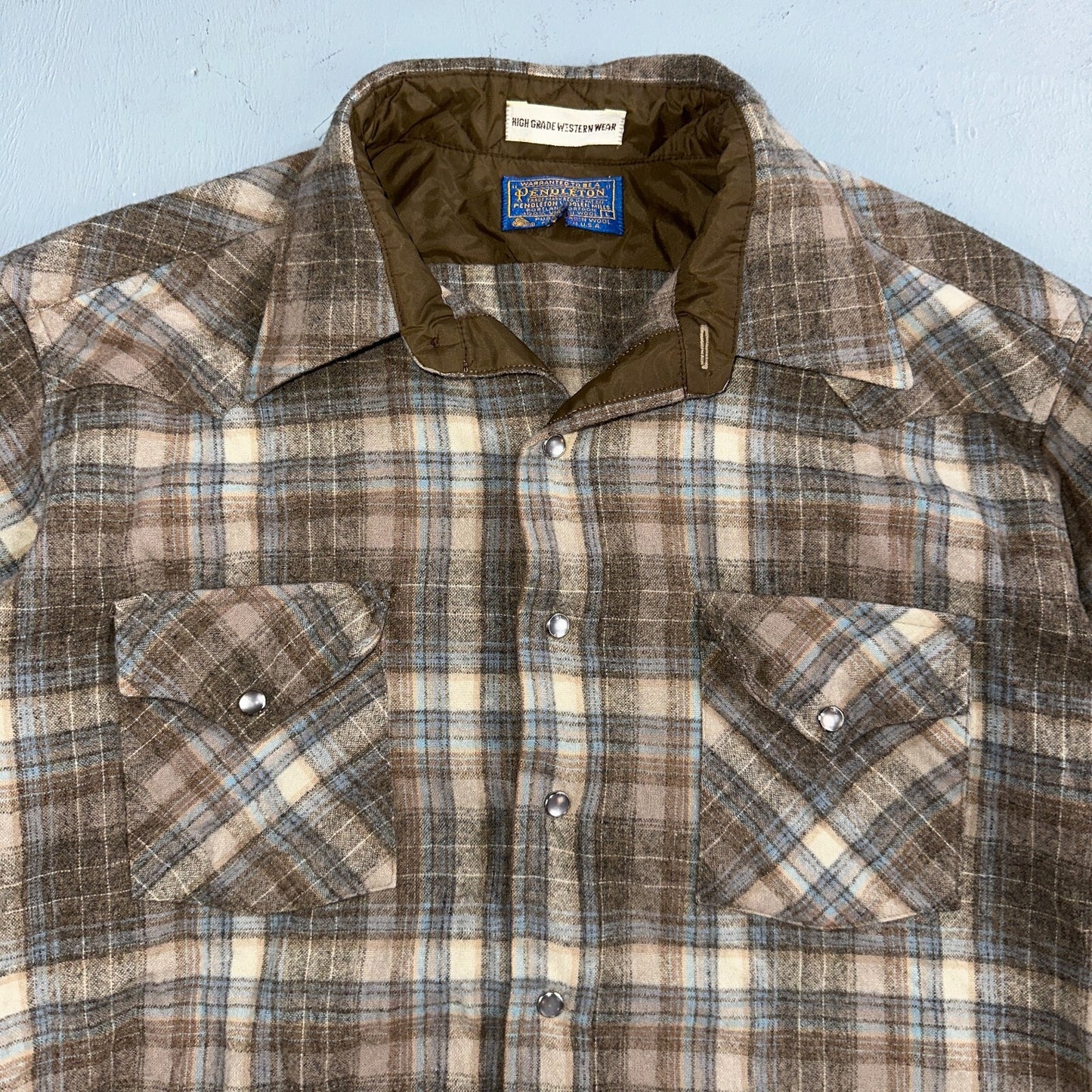 Pendleton VTG High Grade Western Wear Pearl Snap Wool Plaid Shirt Sz L Plaid 70s