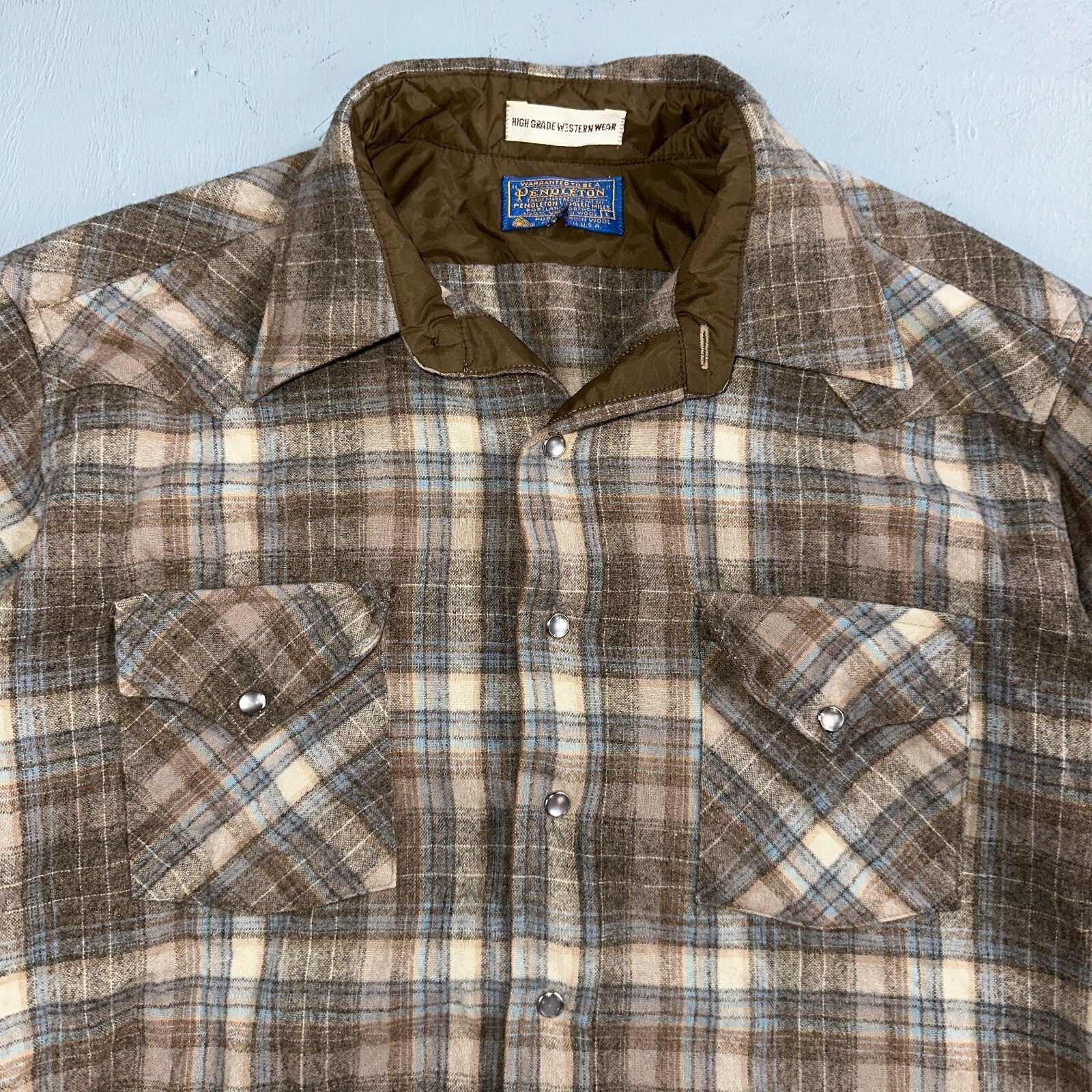 Pendleton VTG High Grade Western Wear Pearl Snap Wool Plaid Shirt Sz L Plaid 70s