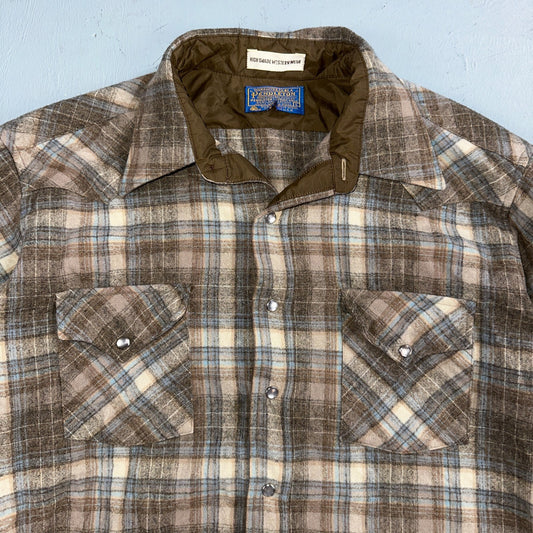 Pendleton VTG High Grade Western Wear Pearl Snap Wool Plaid Shirt Sz L Plaid 70s