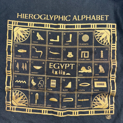 Vintage 90s Fruit of the Loom Hieroglyphic Alphabet Egypt Black T Shirt XL Music
