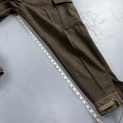 Vintage 1960s Swedish Army Wool Cargo Heavy Pants WWII Leather Straps 34x31