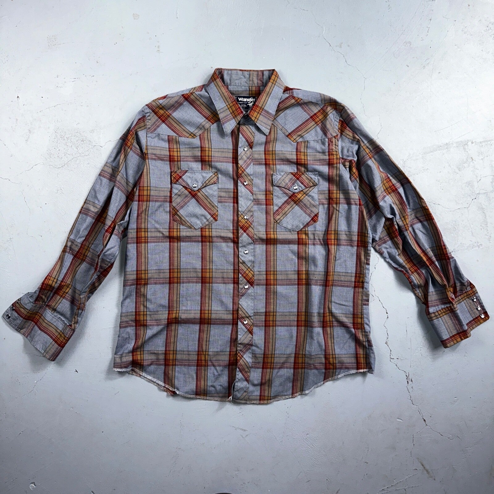 Wrangler VTG Shirt Mens 17.5x35 Plaid Cowboy Cut Pearl Snap Long Tail Rodeo