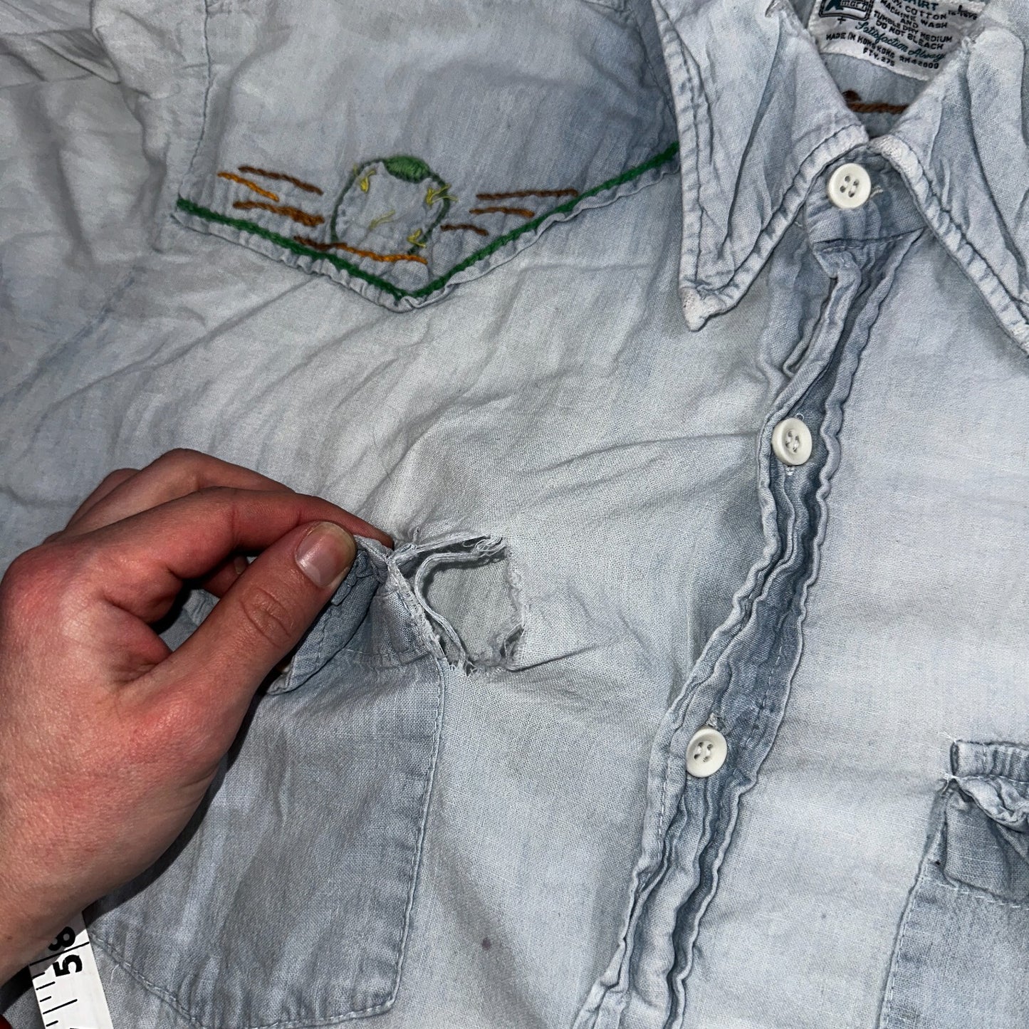 Vintage 70s Kmart Chambray Western Men’s Shirt Size L Embroidery Thrashed Rare