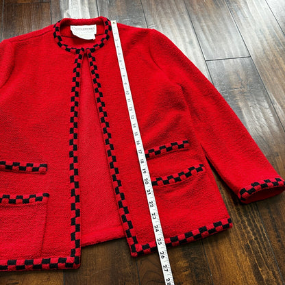 VTG Castleberry Womens Knit Cardigan Blazer Jacket Red Checkerboard Cute Grandma