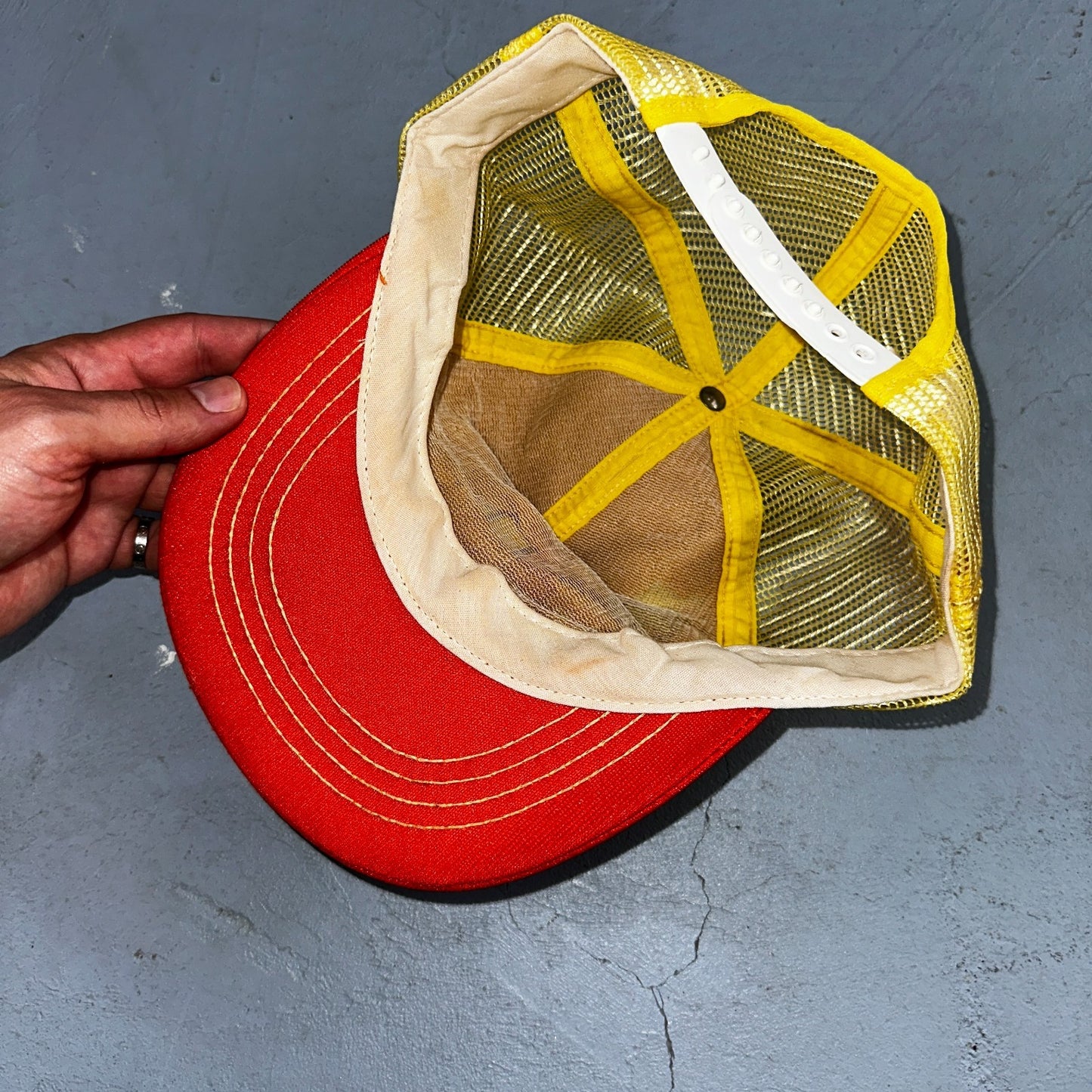 Vintage Adobe Building Centers Hat Yellow Red Mesh Snapback Trucker Cap 70s 80s