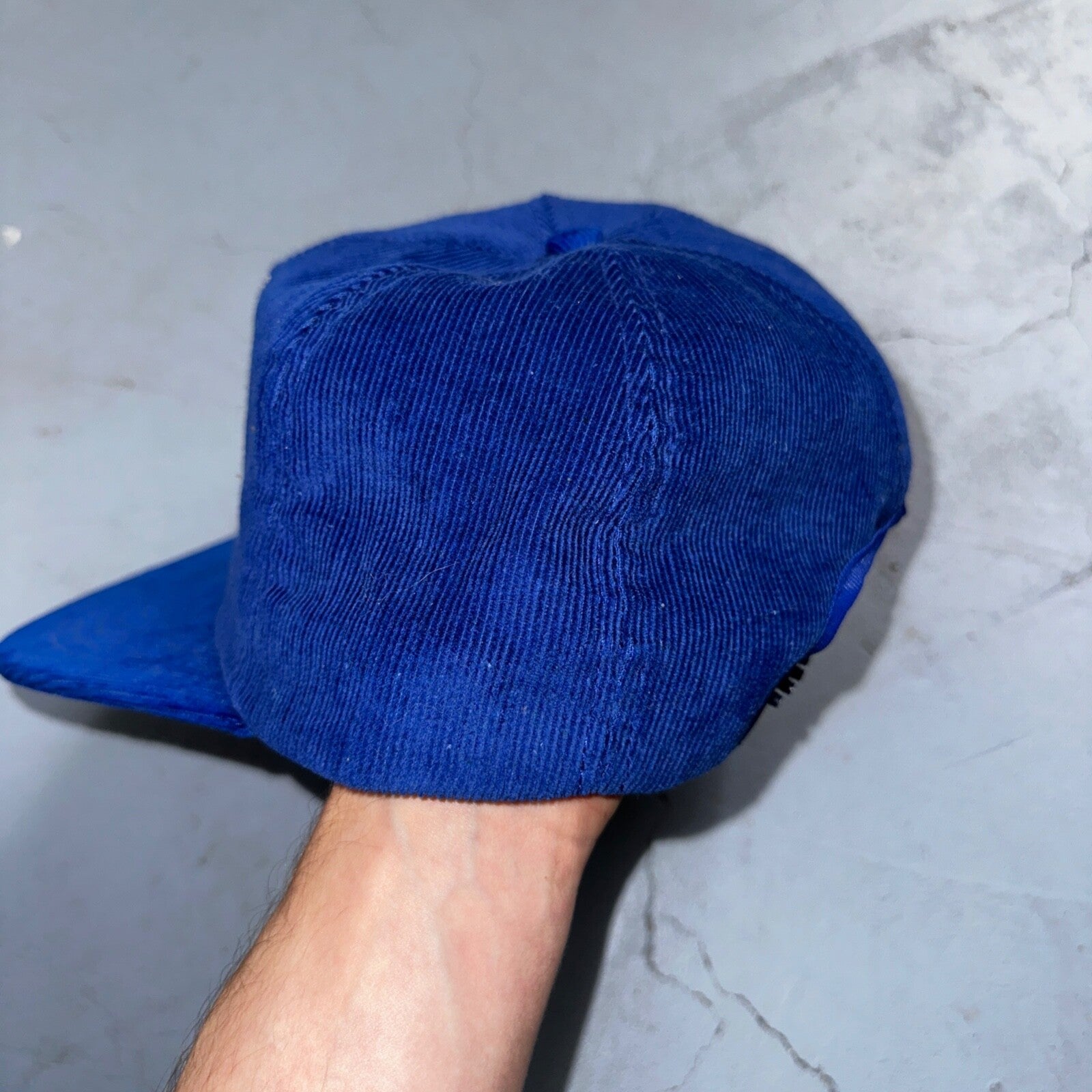 Steel Fab Blue Corduroy VTG Hat Cap Snapback Alaska USA Trucker Ocean Cool