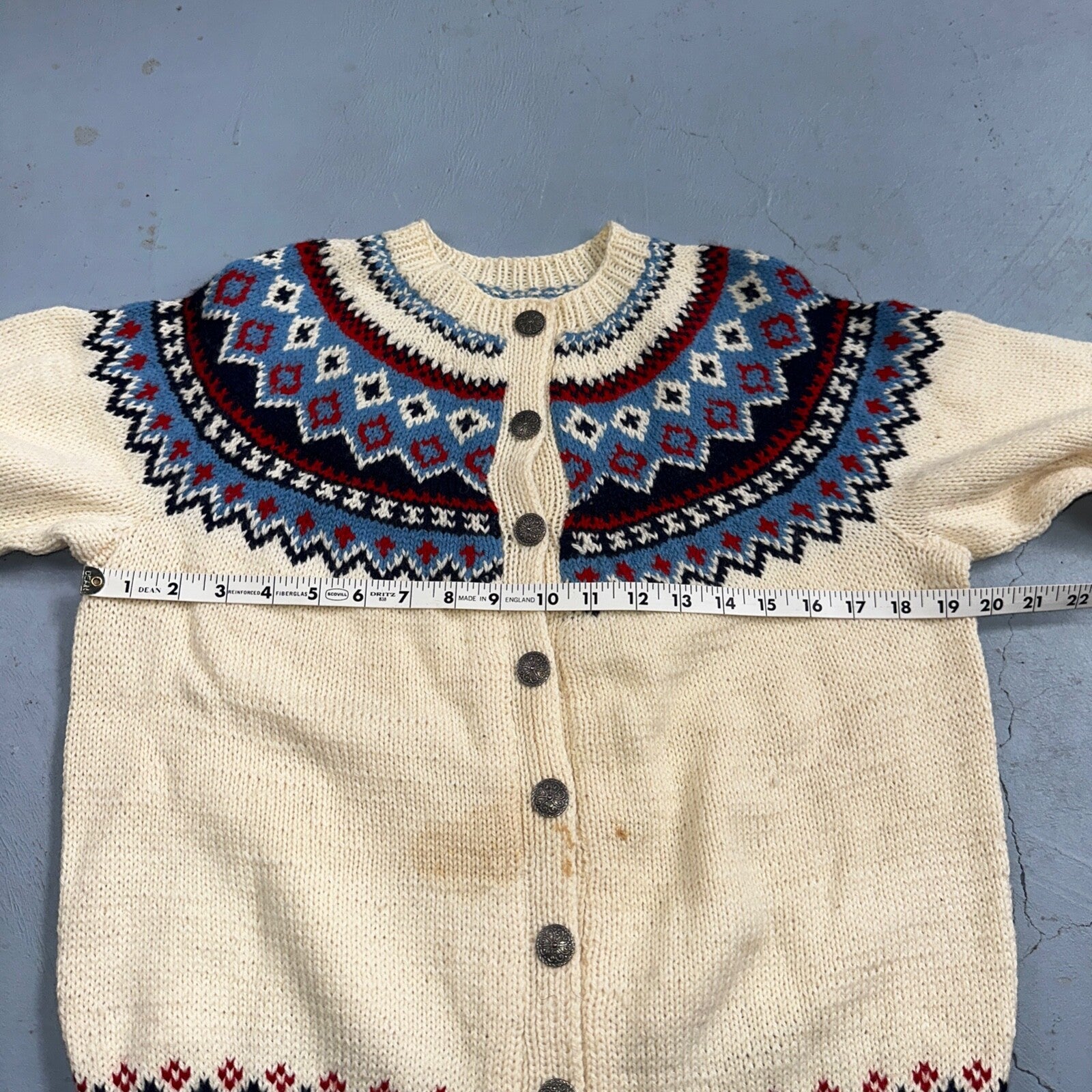 1960s VTG Boho Icelandic Knit Cardigan Large Ivory Red Wool Chunky Grandma Core