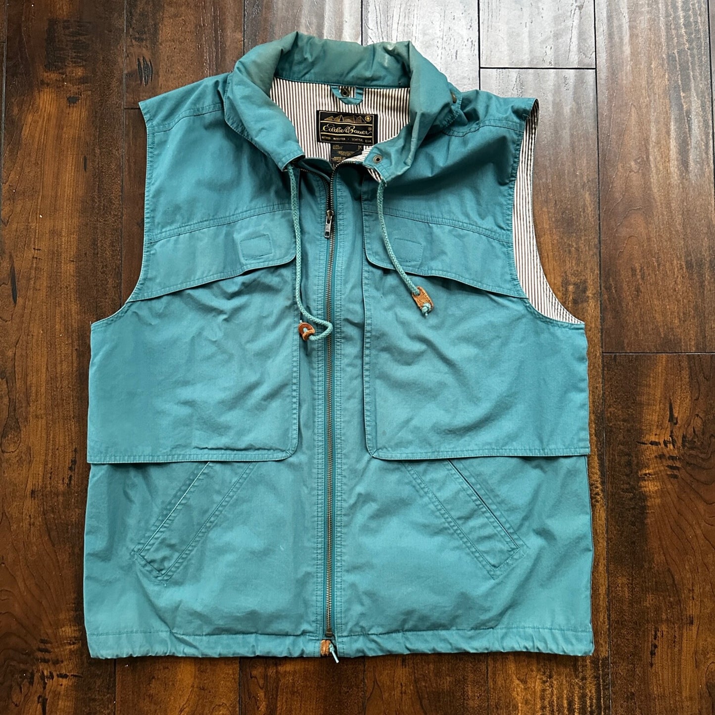 VTG Eddie Bauer Vest Mens M Green Blue Canvas Unlined Basic Cool Safari