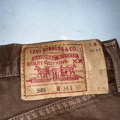Levis 501 Vintage 90s USA XX Straight Leg Jeans 34x36 Brown Rare Wash Act 33x35