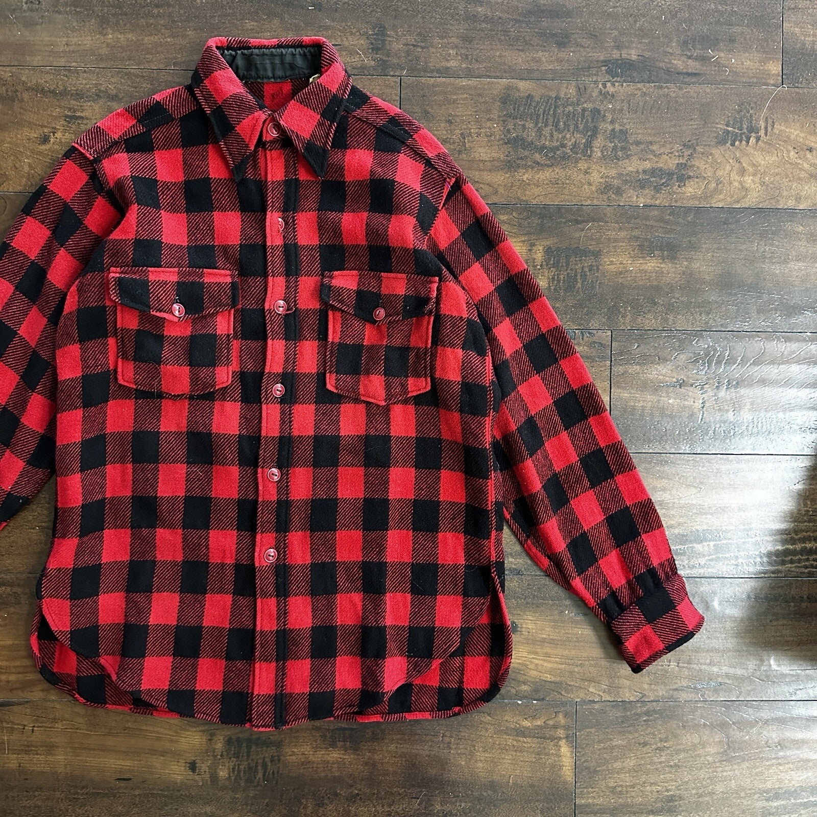 1950's vtg Buffalo Plaid Flannel L/S Jac Over Shirt Med Red Black 50s 60s Worn