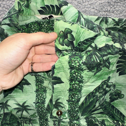 Vintage 50s Hawaiian Aloha Print Shirt Rockabilly Honolulu 60s Button USA Green