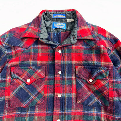 Pendleton VTG 100% Virgin Wool Western Plaid Shirt Pearl Snap Red High Grade