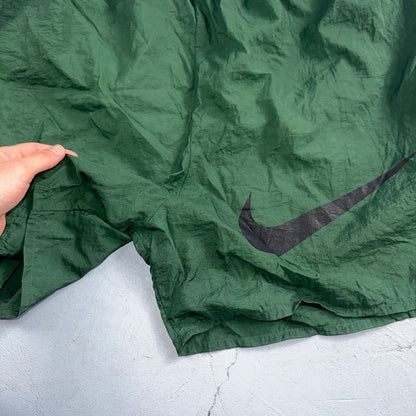 Nike Vintage Green Nylon Shorts Swoosh 2XL 90s White Tag 5” Inseam Running Swim