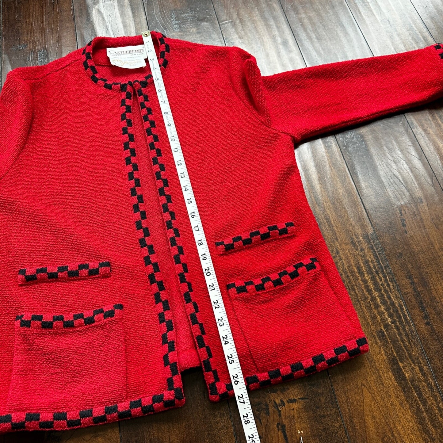 VTG Castleberry Womens Knit Cardigan Blazer Jacket Red Checkerboard Cute Grandma