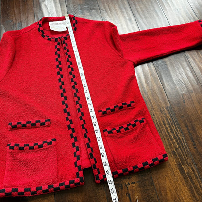 VTG Castleberry Womens Knit Cardigan Blazer Jacket Red Checkerboard Cute Grandma