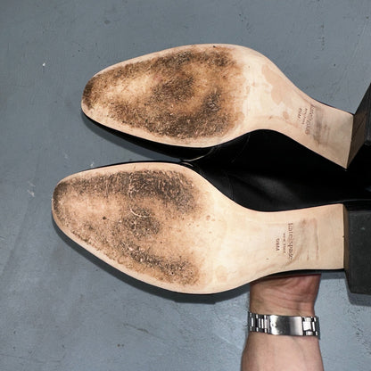 Kate Spade Alia Black Block Heel Pump 9.5 Leather Chunky Silver Tone Buckle