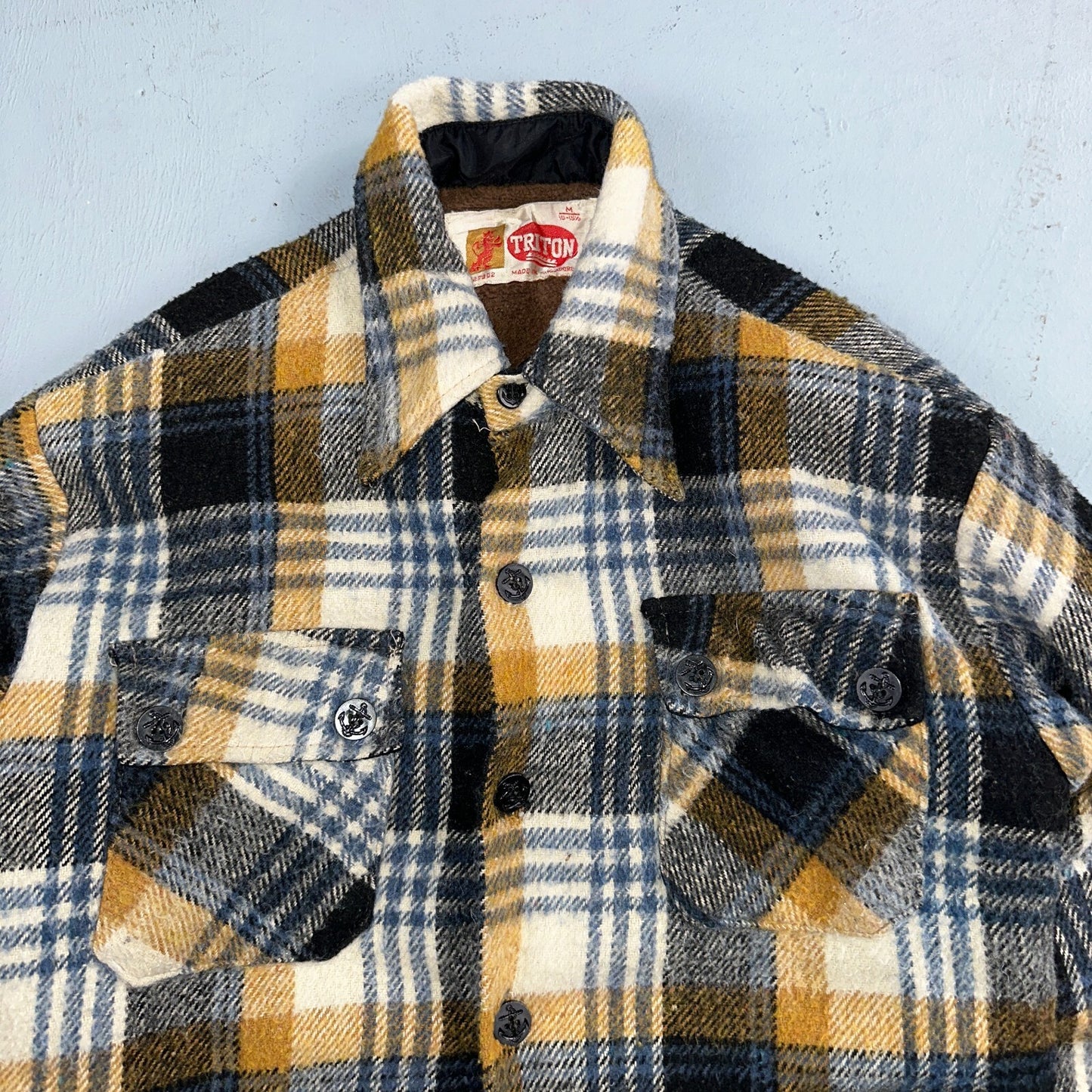 Vintage Triton 70s Sportswear Mens Black Plaid Wool Tartan Work Jacket Navy USN