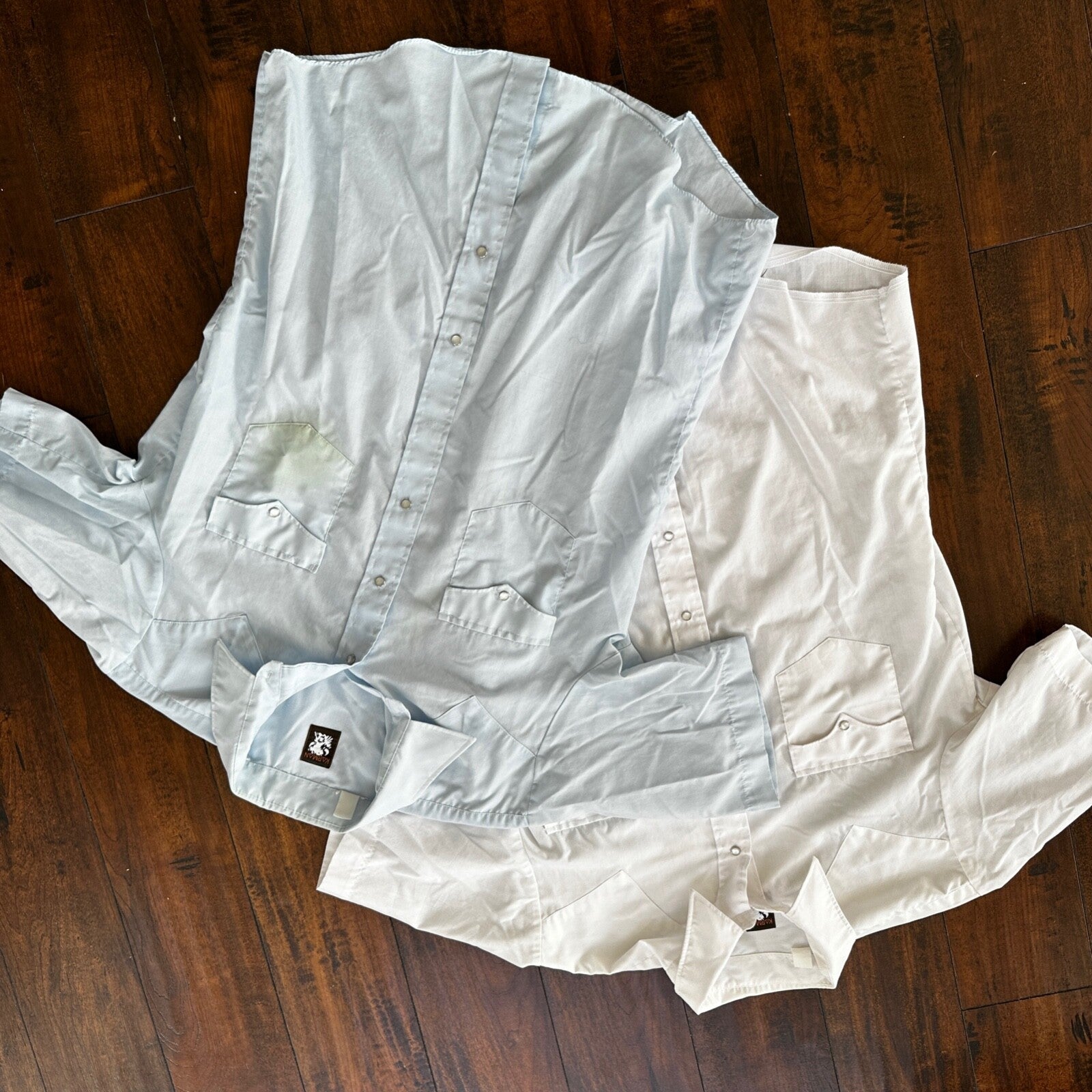 VTG 80s Karman Plain Shirt Mens Lot of 2 Tail Pearl Snap Button Up Poly Stained