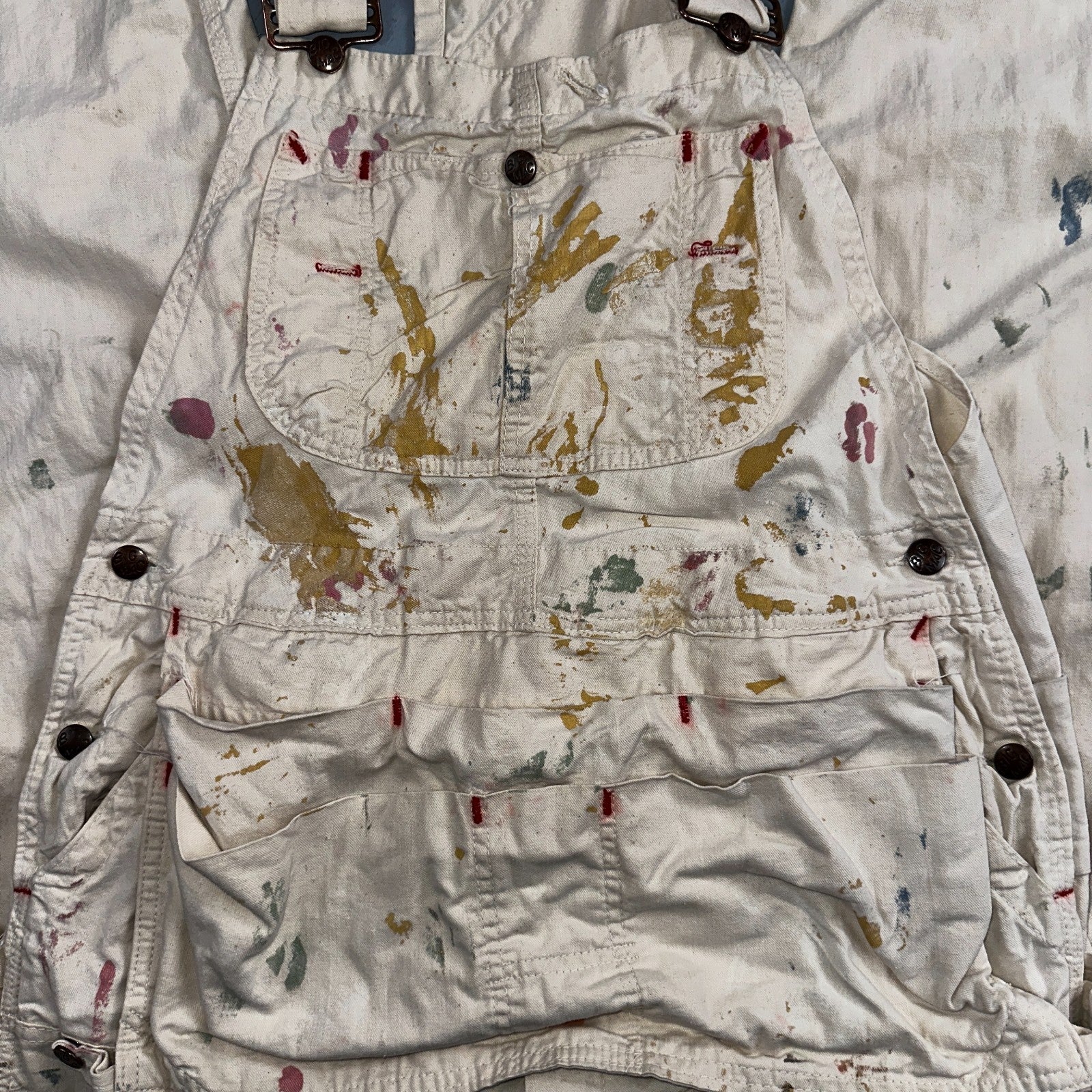 VTG Big Mac White Thrashed Overalls Carpenter Bibs Workwear Painter Paint Stain