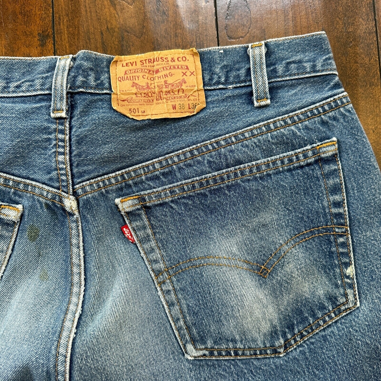 VTG 80s Levis 501 Button Fly 38x36 USA Tag Jeans Straight Wash Blue XX Act 34x31